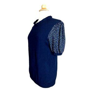 Adrianna Papell Top Sweater L Short Puff Sleeve Black Polka Dot Ruffle Neck